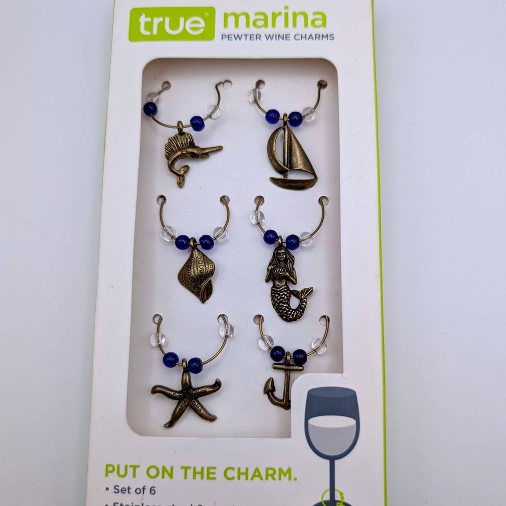 True Marina Pewter‎ Wine Charms Set of 6 Nautical Coastal Bronze Finish NIB